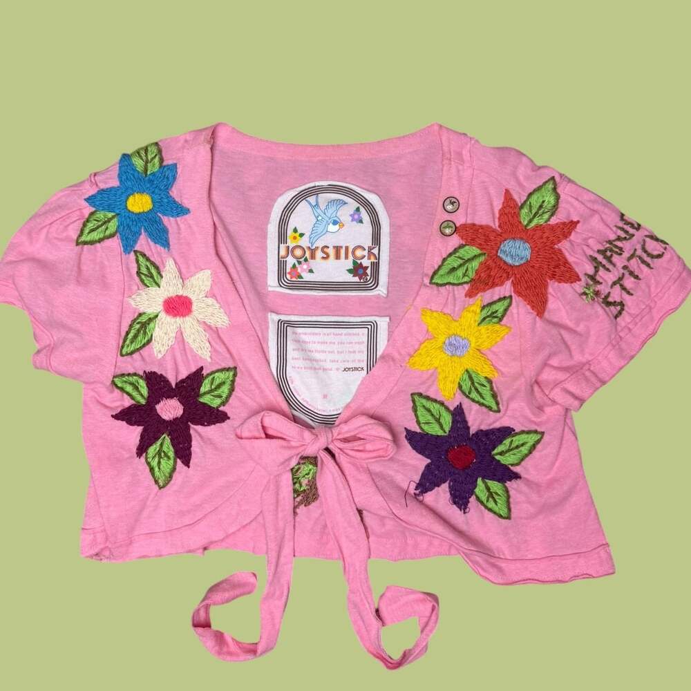 Y2K Joystick Tie-Front Floral Hand Embroidered Crop Top Bolero
